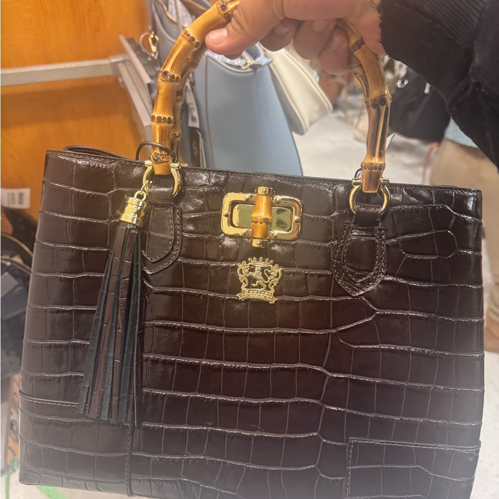 Elegant Black Crocodile-Embossed Handbag with Bamboo Handles
